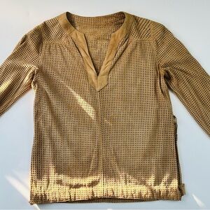Blouse- Tan Perforated Suede Boho Minimal Desertcore Revival DIY Side Slits